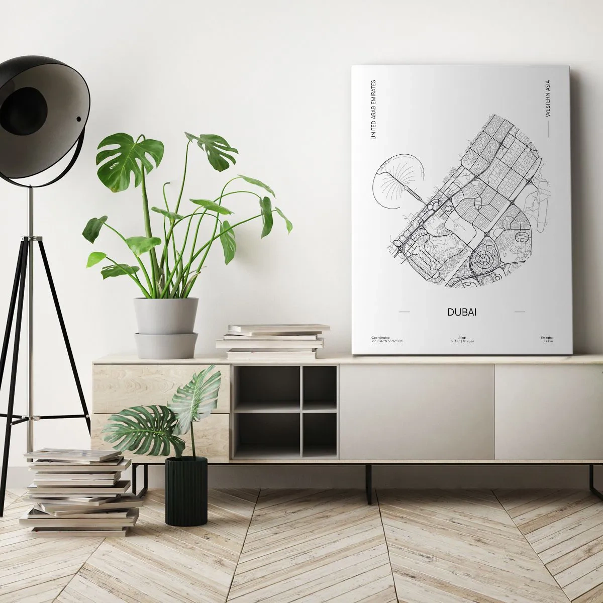 Cuadro sobre lienzo - Impresión de Imagen - Un mapa minimalista en blanco y negro de Dubái con marcas de ubicación. - 80x120cm - Anatomía de Dubái - Decoración de pared moderna para salón y dormitorio ARTTOR