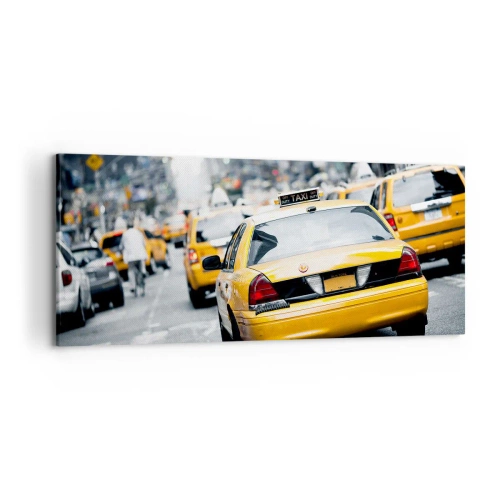 Cuadro sobre lienzo - Impresión de Imagen - Taxis amarillos en una concurrida calle de la ciudad en el centro de la metrópoli. - 120x50cm - Solo en esta ciudad - Decoración de pared moderna para salón y dormitorio ARTTOR