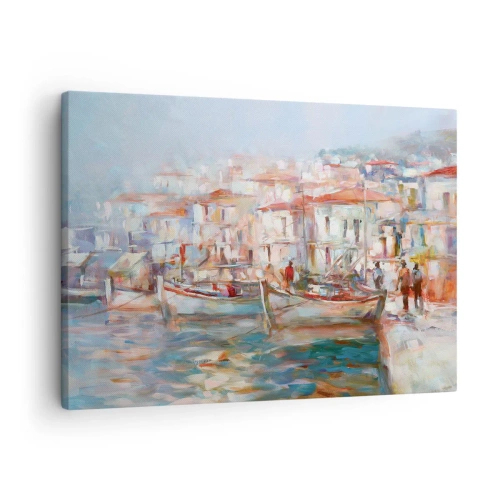 Cuadro sobre lienzo - Impresión de Imagen - Impresión portuaria con barcos y edificios - 70x50cm - Vacaciones en colores pastel - Decoración de pared moderna para salón y dormitorio ARTTOR