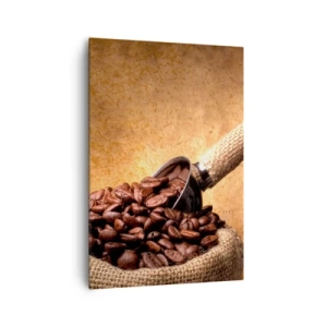 Cuadro sobre lienzo - Impresión de Imagen - Granos de café en una bolsa de yute con una cuchara de metal. - 70x100cm - En la fuente del sabor - Decoración de pared moderna para salón y dormitorio ARTTOR