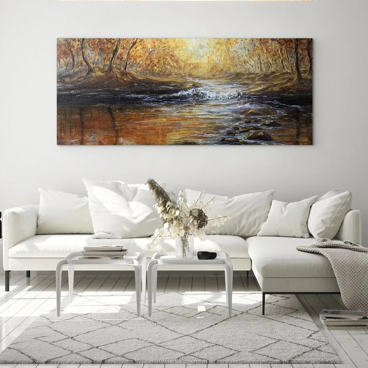 Cuadro sobre vidrio - Impresiones sobre Vidrio - Paisaje otoñal con un río entre los árboles. - 160x50cm - Arroyo de oro - Decoración de pared moderna para salón y dormitorio ARTTOR