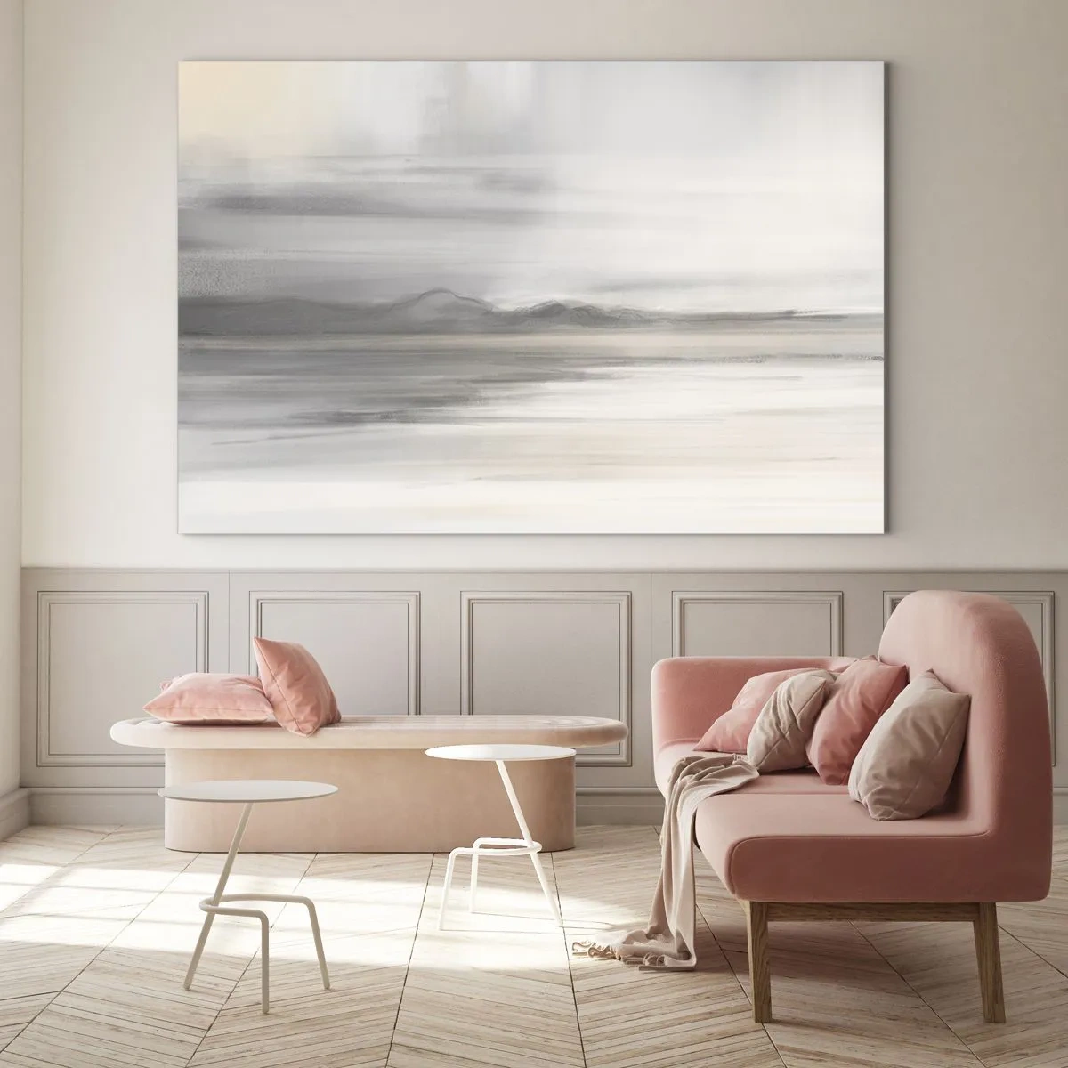 Cuadro sobre vidrio - Impresiones sobre Vidrio - Un delicado y borroso panorama montañoso en tonos gris pastel. - 120x80cm - Una distancia reflexiva - Decoración de pared moderna para salón y dormitorio ARTTOR