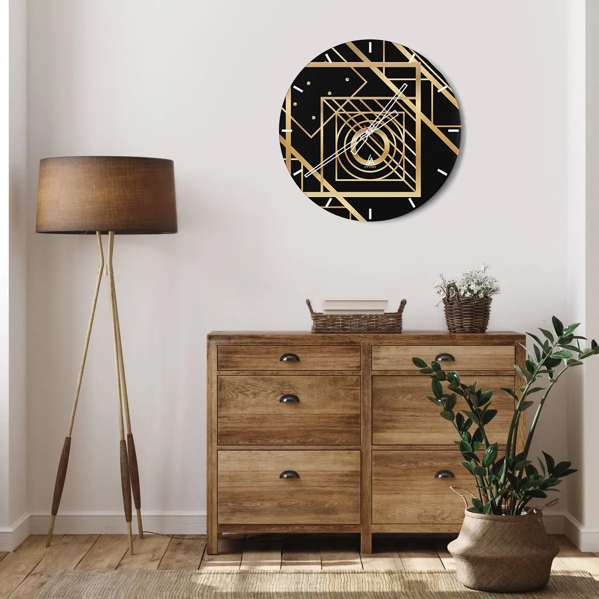 Reloj de pared - Reloj de vidrio - Patrón geométrico dorado sobre fondo negro. - 30x30cm - Geometría dorada - Decoración de pared moderna para salón, cocina y dormitorio ARTTOR