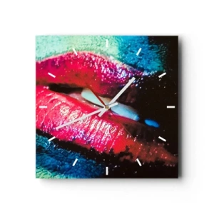 Reloj de pared - Reloj de vidrio - Primer plano de unos labios coloridos y brillantes sobre un fondo artístico. - 30x30cm - Sensual e inquietante - Decoración de pared moderna para salón y dormitorio ARTTOR