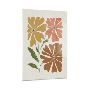 Cuadro sobre vidrio - Impresiones sobre Vidrio - Tres flores estilizadas en colores cálidos sobre un fondo claro. - 50x70cm - Naturaleza y geometría - Decoración de pared moderna para salón y dormitorio ARTTOR