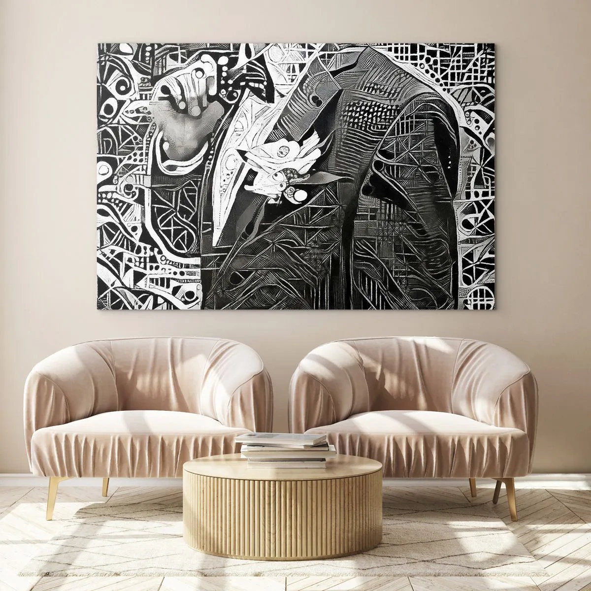 Cuadro sobre vidrio - Impresiones sobre Vidrio - Abstracción en blanco y negro con patrones geométricos. - 100x70cm - Solo un hombre aparentemente gris - Decoración de pared moderna para salón y dormitorio ARTTOR