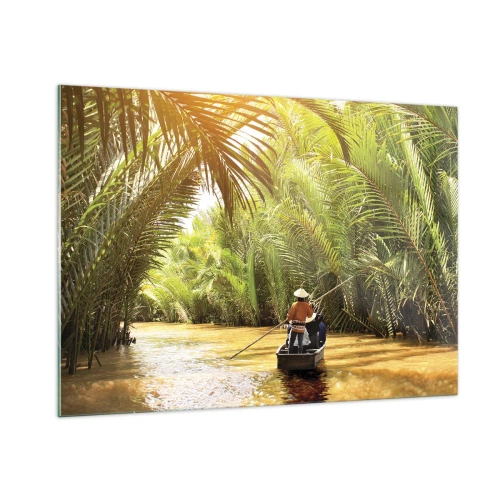 Cuadro sobre vidrio - Impresiones sobre Vidrio - Un barco con un hombre remando navega a través de un desfiladero bordeado de palmeras. - 100x70cm - En un túnel de palmeras - Decoración de pared moderna para salón y dormitorio ARTTOR