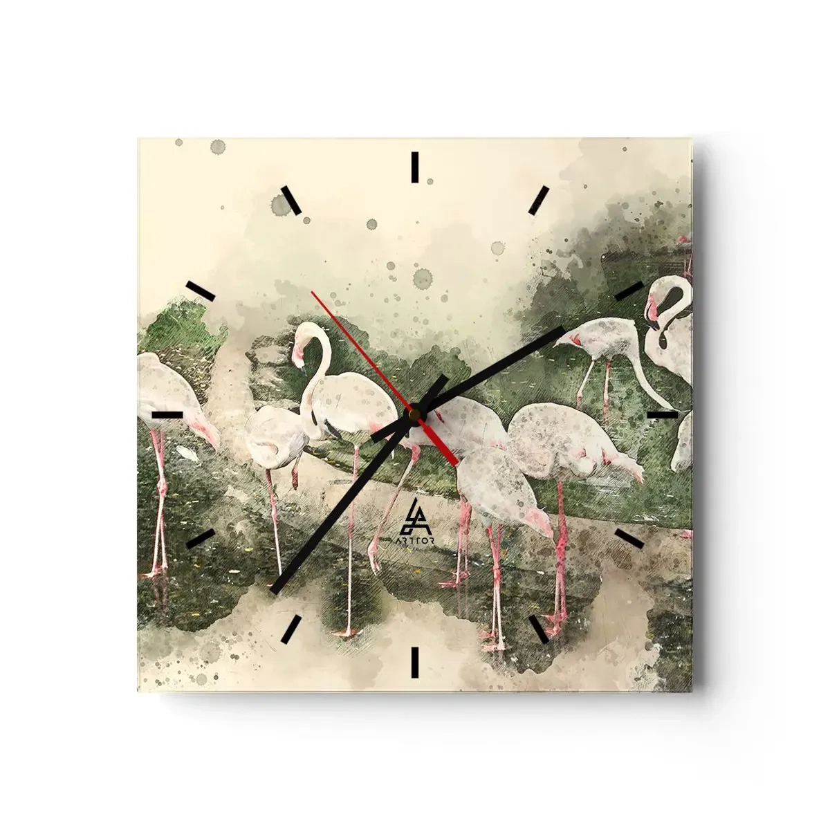 Reloj de pared - Reloj de vidrio - Flamencos en su entorno natural en estilo acuarela. - 30x30cm - Un sueño exótico - Decoración de pared moderna para salón y dormitorio ARTTOR