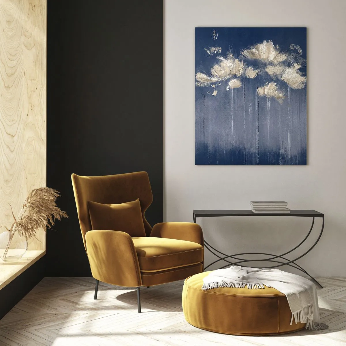 Cuadro sobre vidrio - Impresiones sobre Vidrio - Delicadas flores sobre fondo azul. - 80x120cm - Como pétalos al viento - Decoración de pared moderna para salón y dormitorio ARTTOR