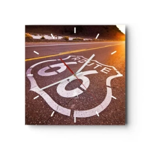 Reloj de pared - Reloj de vidrio - Ruta 66 al atardecer - 30x30cm - La famosa Ruta 66 - Decoración de pared moderna para salón y dormitorio ARTTOR