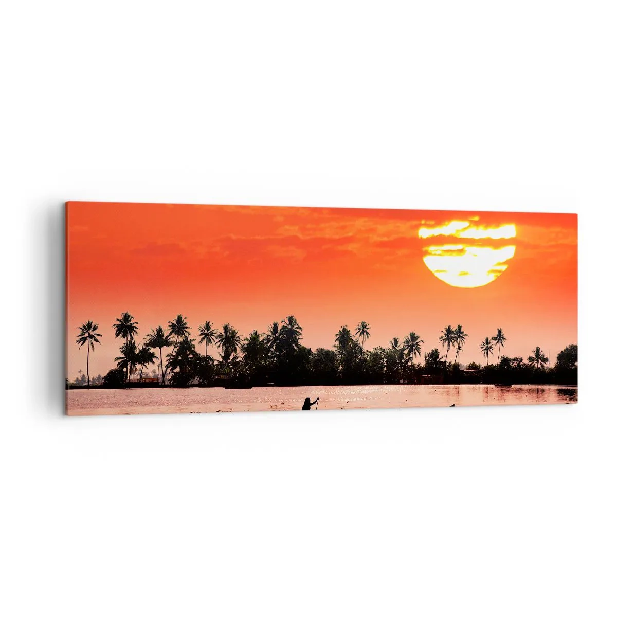 Cuadro sobre lienzo - Impresión de Imagen - Atardecer tropical con un barco y palmeras al fondo - 140x50cm - La paz de los trópicos al atardecer - Decoración de pared moderna para salón y dormitorio ARTTOR