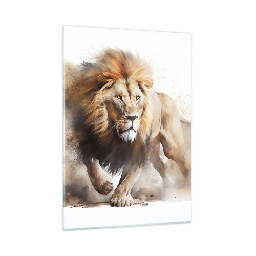 Cuadro sobre vidrio - Impresiones sobre Vidrio - Una toma dinámica en estilo acuarela de un león corriendo. - 50x70cm - El rey ha partido - Decoración de pared moderna para salón y dormitorio ARTTOR