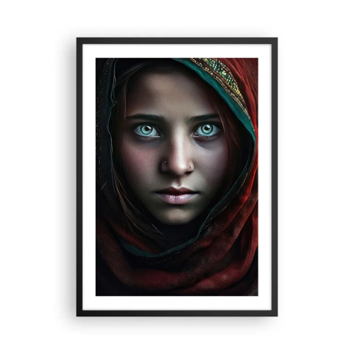 Póster en marco negro - Retrato de una niña con un chal rojo y ojos hipnotizantes. - 50x70cm - Princesa del Este - Decoración de pared moderna para salón y dormitorio ARTTOR
