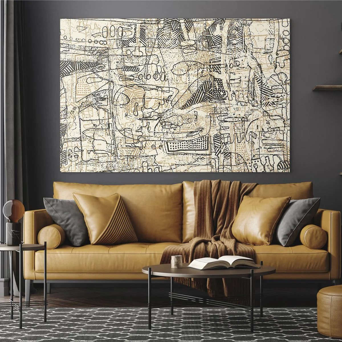 Cuadro sobre vidrio - Impresiones sobre Vidrio - Una estructura abstracta compleja con patrones geométricos y esquemáticos. - 70x50cm - A la espera de ser descifrado - Decoración de pared moderna para salón y dormitorio ARTTOR