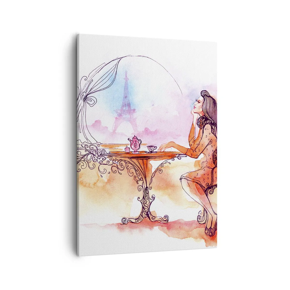 Cuadro sobre lienzo - Impresión de Imagen - Acuarela romántica de una mujer en un café con vistas a una torre. - 50x70cm - Estilo parisino - Decoración de pared moderna para salón y dormitorio ARTTOR