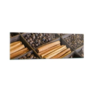 Cuadro sobre vidrio - Impresiones sobre Vidrio - Especias y café en compartimentos de madera. - 160x50cm - Un tesoro de aromas - Decoración de pared moderna para salón y dormitorio ARTTOR