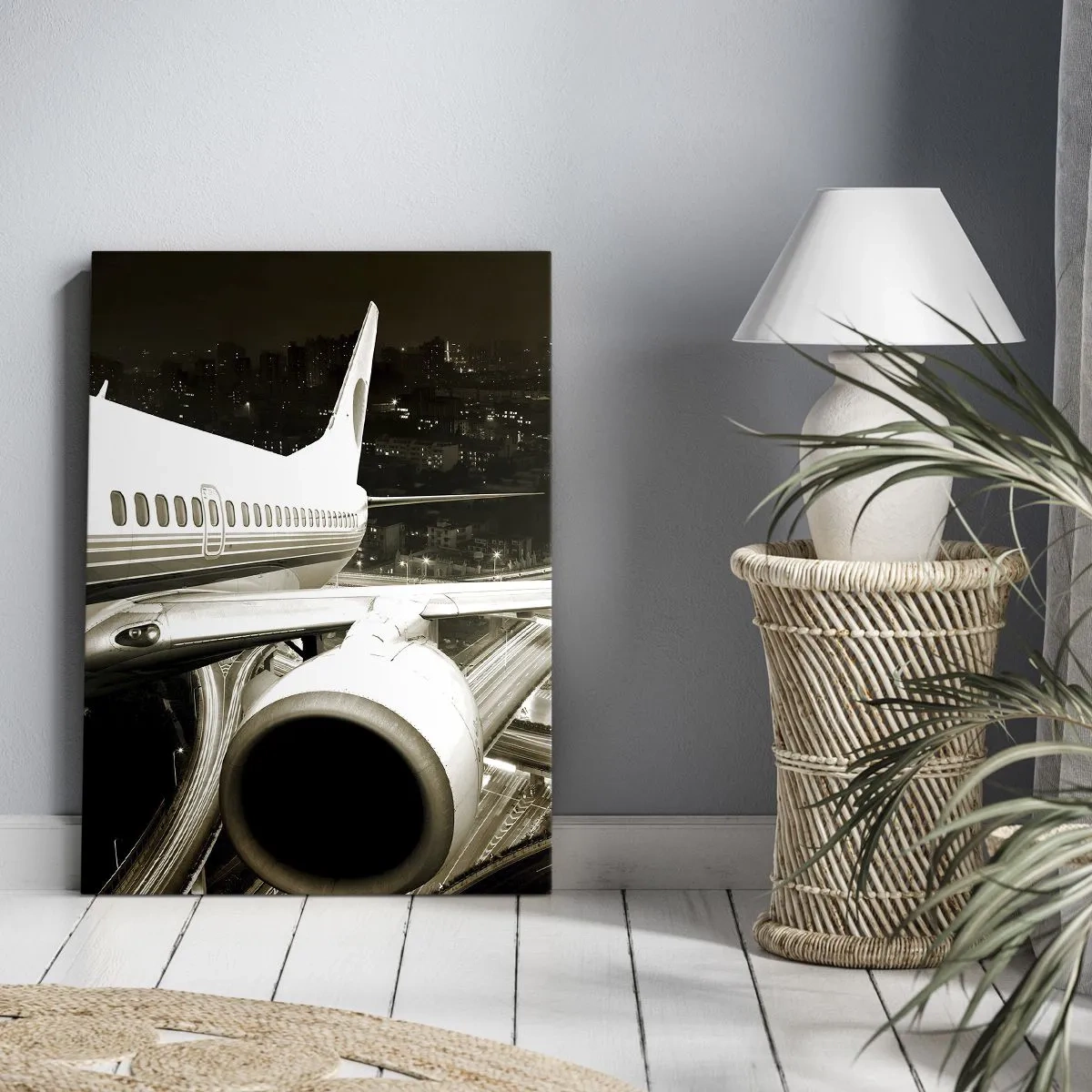 Cuadro sobre lienzo - Impresión de Imagen - Un avión sobre una ciudad nocturna con carreteras iluminadas. - 50x70cm - Vuela hacia la noche - Decoración de pared moderna para salón y dormitorio ARTTOR