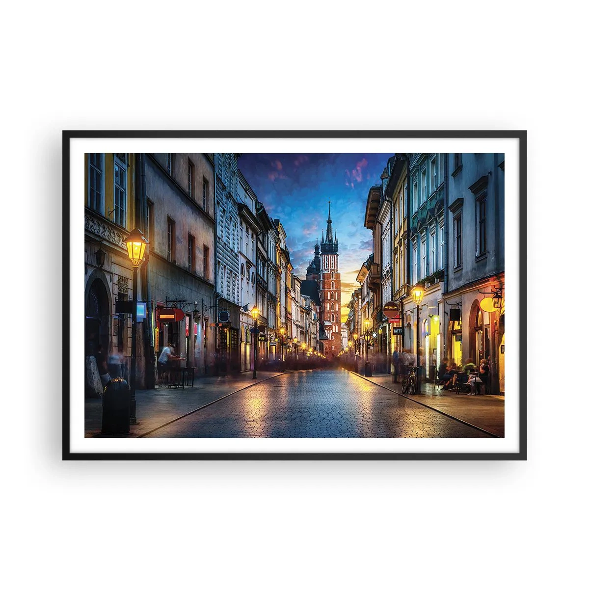 Póster en marco negro - Calle al atardecer con vistas a la Catedral de Cracovia - 100x70cm - El encanto de Cracovia - Decoración de pared moderna para salón y dormitorio ARTTOR