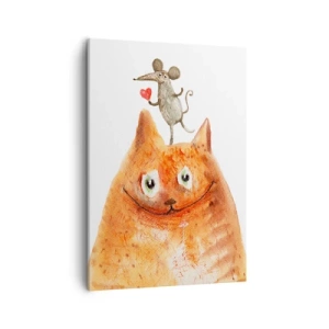 Cuadro sobre lienzo - Impresión de Imagen - Un dibujo de un gato con un ratón en la cabeza sosteniendo un corazón. - 50x70cm - Paradojas del amor - Decoración de pared moderna para salón y dormitorio ARTTOR
