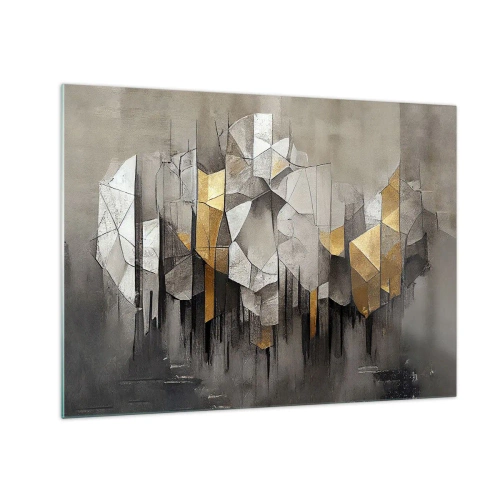 Cuadro sobre vidrio - Impresiones sobre Vidrio - Formas abstractas en tonos de gris, blanco y dorado. - 70x50cm - Composición hecha de hielo y luz - Decoración de pared moderna para salón y dormitorio ARTTOR