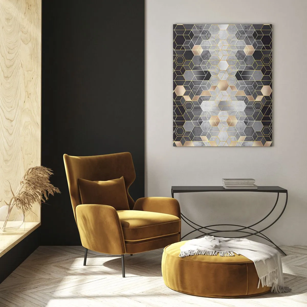 Cuadro sobre vidrio - Impresiones sobre Vidrio - Patrón geométrico de hexágonos en líneas doradas. - 50x70cm - Composición de diamantes - Decoración de pared moderna para salón y dormitorio ARTTOR