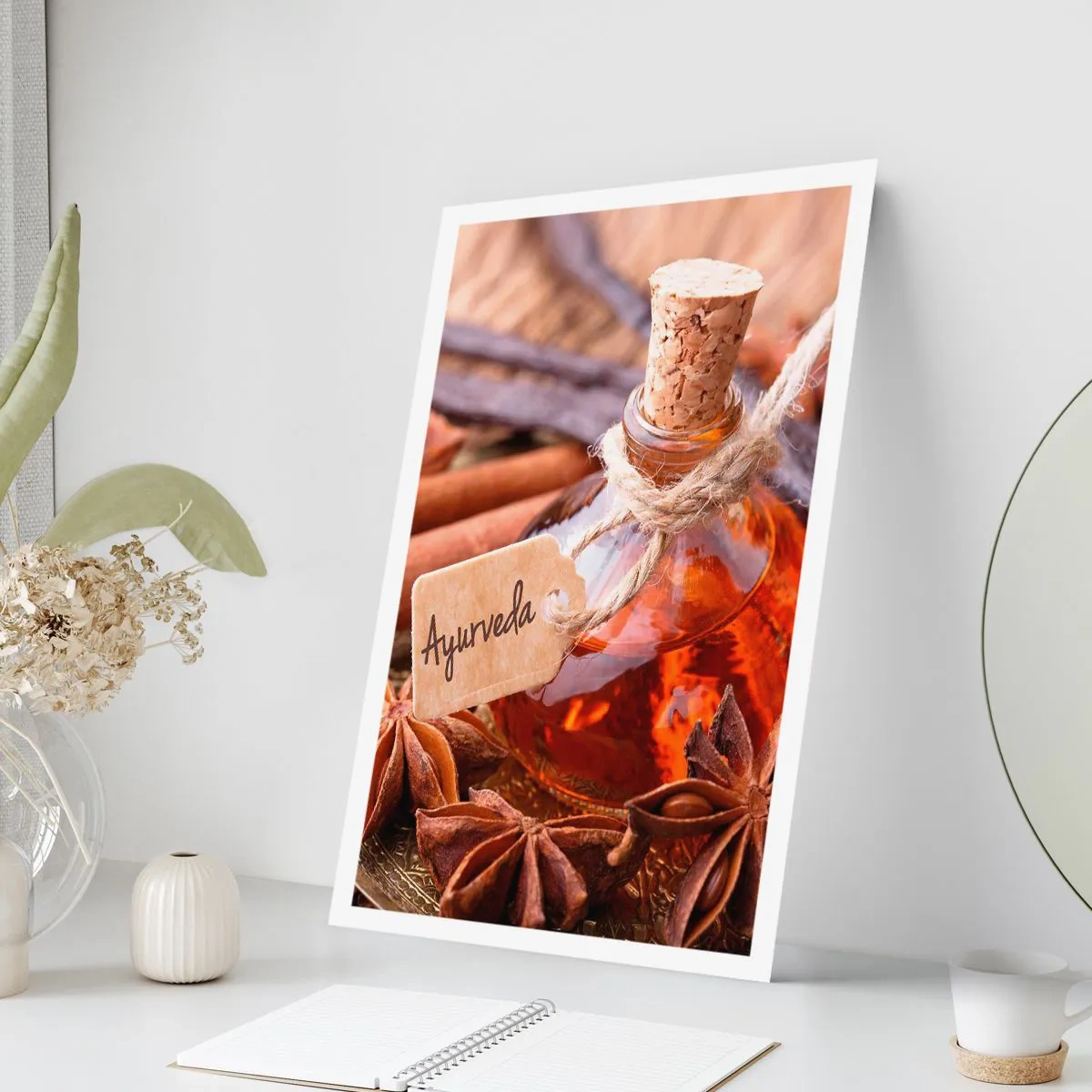 Póster - Una botella de aceite ayurvédico y especias. - 50x70cm - Hacia la unidad del cuerpo y el espíritu - Decoración de pared moderna para salón y dormitorio ARTTOR