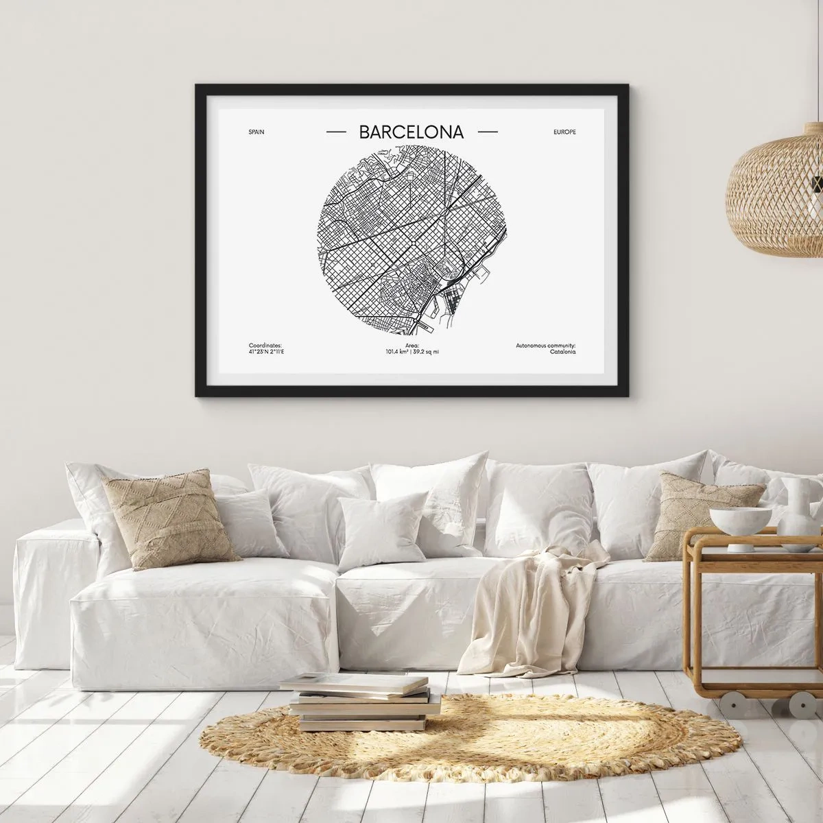 Póster en marco negro - Un mapa de Barcelona en estilo minimalista en blanco y negro - 70x50cm - Anatomía de Barcelona - Decoración de pared moderna para salón y dormitorio ARTTOR