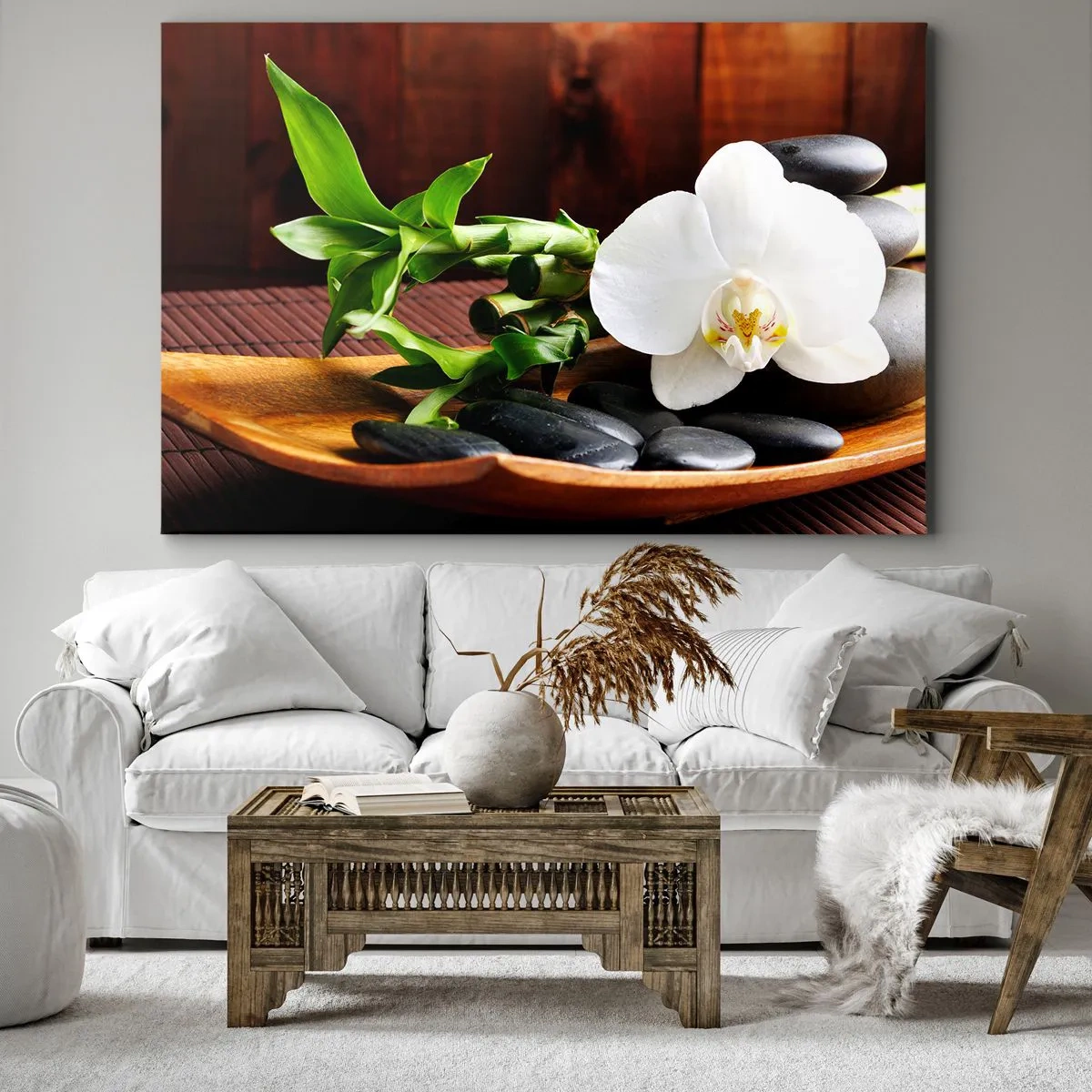 Cuadro sobre lienzo - Impresión de Imagen - Orquídea blanca con bambú sobre un fondo de piedra de estilo zen. - 100x70cm - Ríndete al tacto de la naturaleza - Decoración de pared moderna para salón y dormitorio ARTTOR