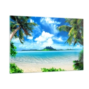 Cuadro sobre vidrio - Impresiones sobre Vidrio - Una playa tropical con palmeras y vistas a una isla montañosa. - 120x80cm - El azul de los trópicos - Decoración de pared moderna para salón y dormitorio ARTTOR