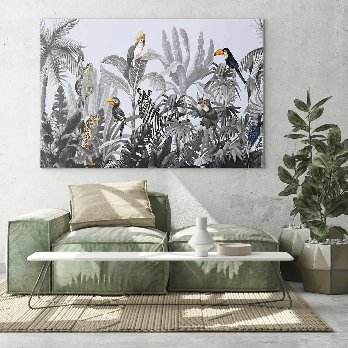Cuadro sobre vidrio - Impresiones sobre Vidrio - Animales exóticos en una jungla en blanco y negro sobre un fondo claro. - 70x50cm - Un cuento de hadas africano - Decoración de pared moderna para salón y dormitorio ARTTOR