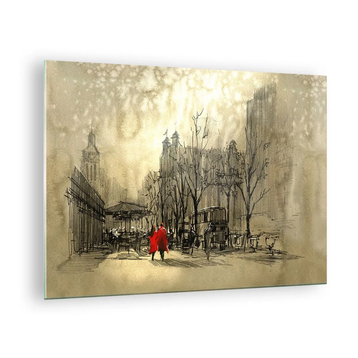 Cuadro sobre vidrio - Impresiones sobre Vidrio - Una cita en la niebla londinense con acento de abrigo rojo - 70x50cm - Cita en la niebla de Londres  - Decoración de pared moderna para salón y dormitorio ARTTOR