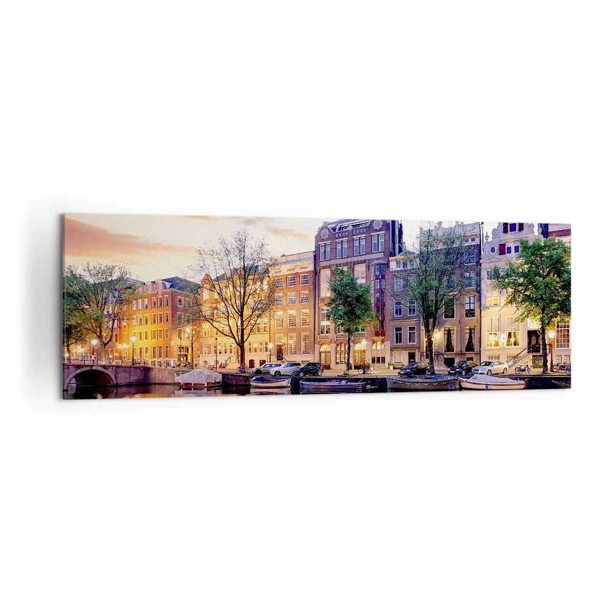 Cuadro sobre lienzo - Impresión de Imagen - Canal con reflejo de casas de vecindad a la luz del atardecer - 160x50cm - La belleza holandesa, sobria y tranquila - Decoración de pared moderna para salón y dormitorio ARTTOR