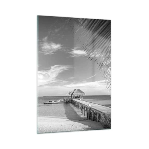 Cuadro sobre vidrio - Impresiones sobre Vidrio - Fotografía en blanco y negro de una playa tropical con un embarcadero. - 50x70cm - ¿Un recuerdo o un sueño? - Decoración de pared moderna para salón y dormitorio ARTTOR