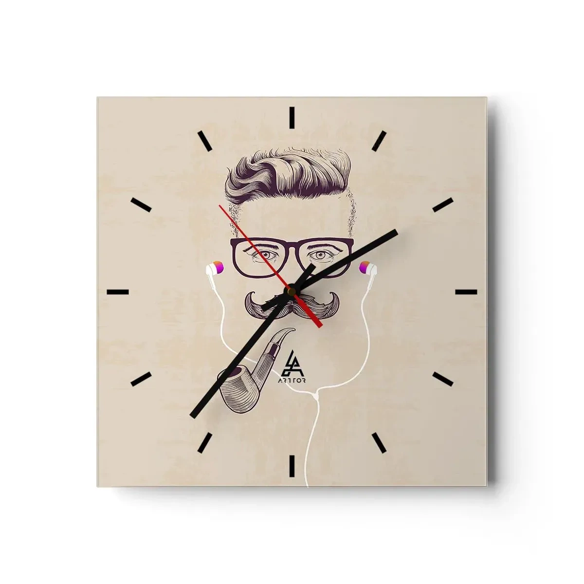 Reloj de pared - Reloj de vidrio - Retrato retro de un hombre con pipa, auriculares y gafas. - 30x30cm - Moda masculina - Decoración de pared moderna para salón y dormitorio ARTTOR