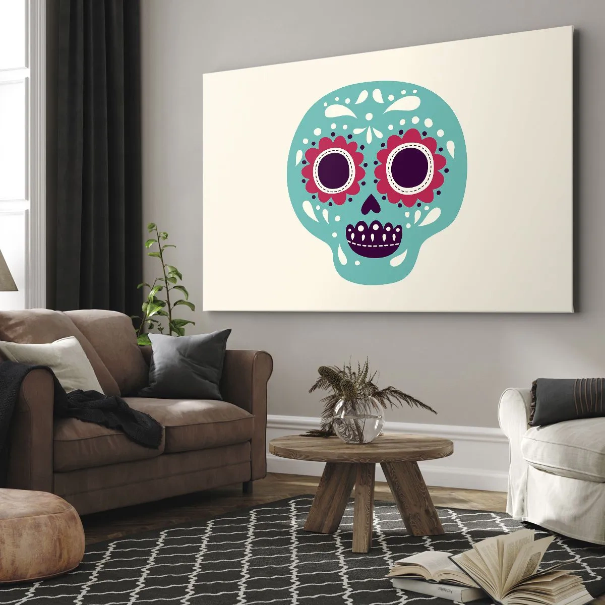 Cuadro sobre lienzo - Impresión de Imagen - Una calavera de azúcar turquesa y morada inspirada en la cultura mexicana. - 70x50cm - La vida: diversión hasta la muerte - Decoración de pared moderna para salón y dormitorio ARTTOR
