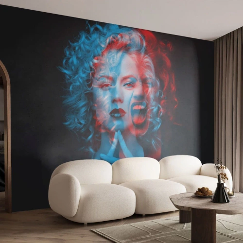 Fotomural Standard Eco - Retrato 3D de una mujer con efecto azul y rojo. - 100x70cm - Alter ego - Decoración de pared moderna para salón y dormitorio ARTTOR