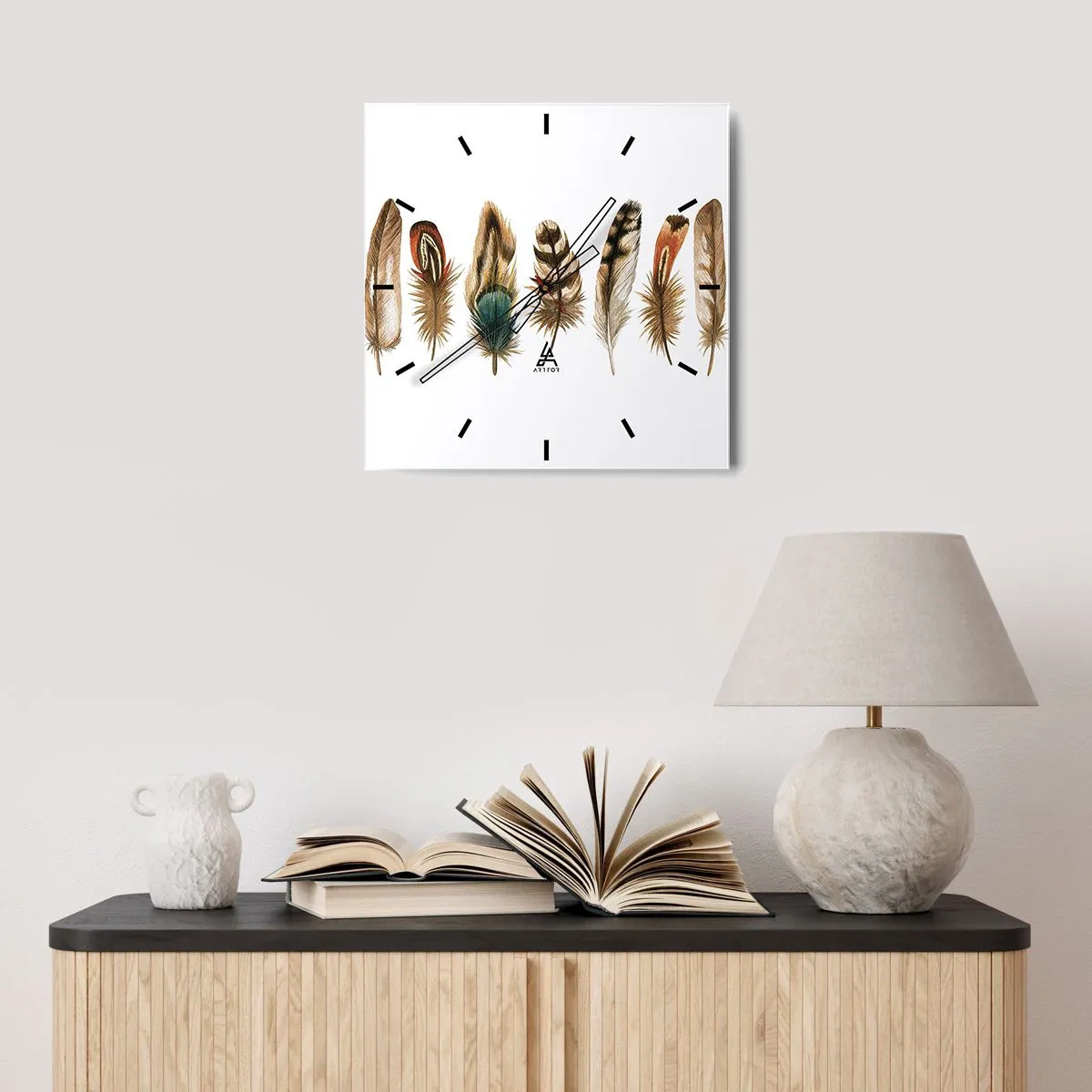 Reloj de pared - Reloj de vidrio - Motivo decorativo de una colección de varias plumas. - 30x30cm - Estudio de plumas - Decoración de pared moderna para salón y dormitorio ARTTOR