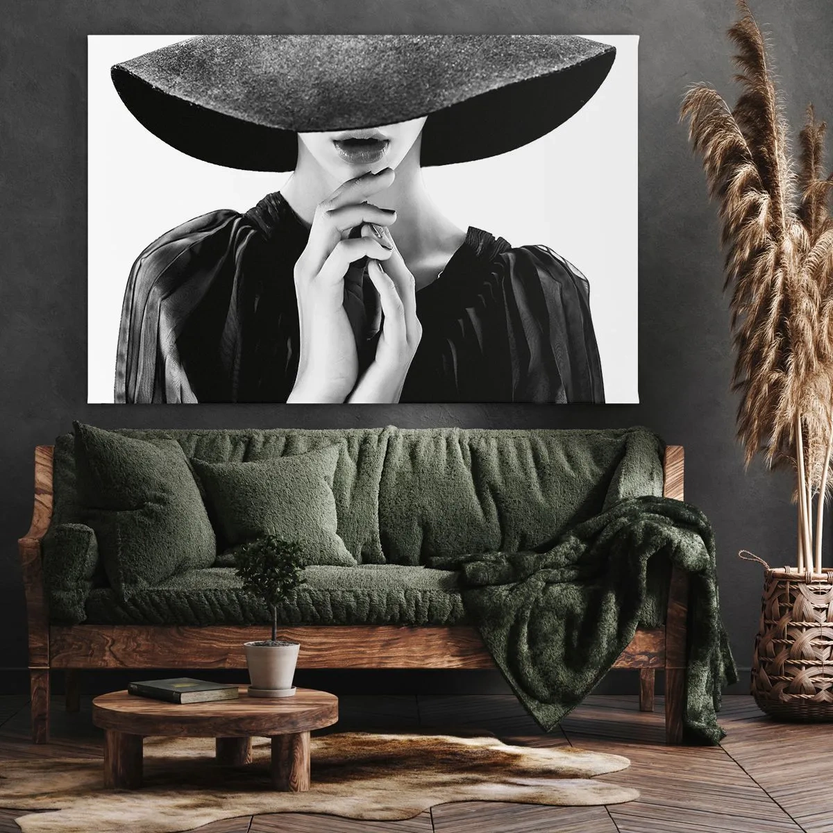 Cuadro sobre lienzo - Impresión de Imagen - Mujer elegante con un gran sombrero en tonos blanco y negro. - 70x50cm - Belleza oculta - Decoración de pared moderna para salón y dormitorio ARTTOR