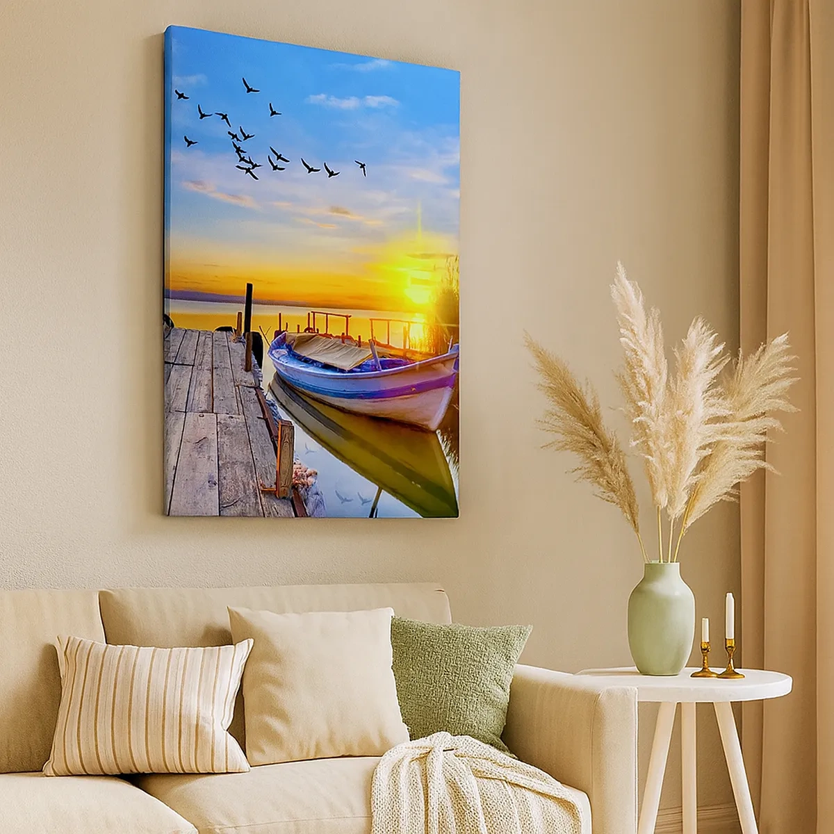 Cuadro sobre lienzo - Impresión de Imagen - Un barco en un muelle de madera al atardecer. - 50x70cm - Adiós, hasta mañana - Decoración de pared moderna para salón y dormitorio ARTTOR