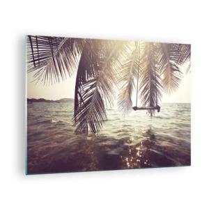 Cuadro sobre vidrio - Impresiones sobre Vidrio - Una playa con palmeras y un columpio sobre un mar en calma. - 70x50cm - Columpiar la imaginación - Decoración de pared moderna para salón y dormitorio ARTTOR