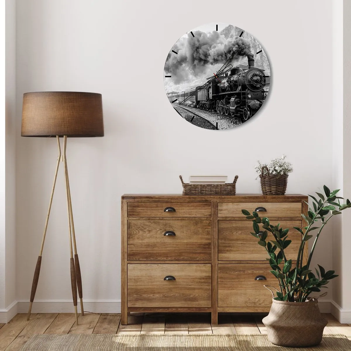 Reloj de pared - Reloj de vidrio - Una locomotora de vapor en blanco y negro con una chimenea humeante. - 30x30cm - Rumbo a la estación... - Decoración de pared moderna para salón, cocina y dormitorio ARTTOR