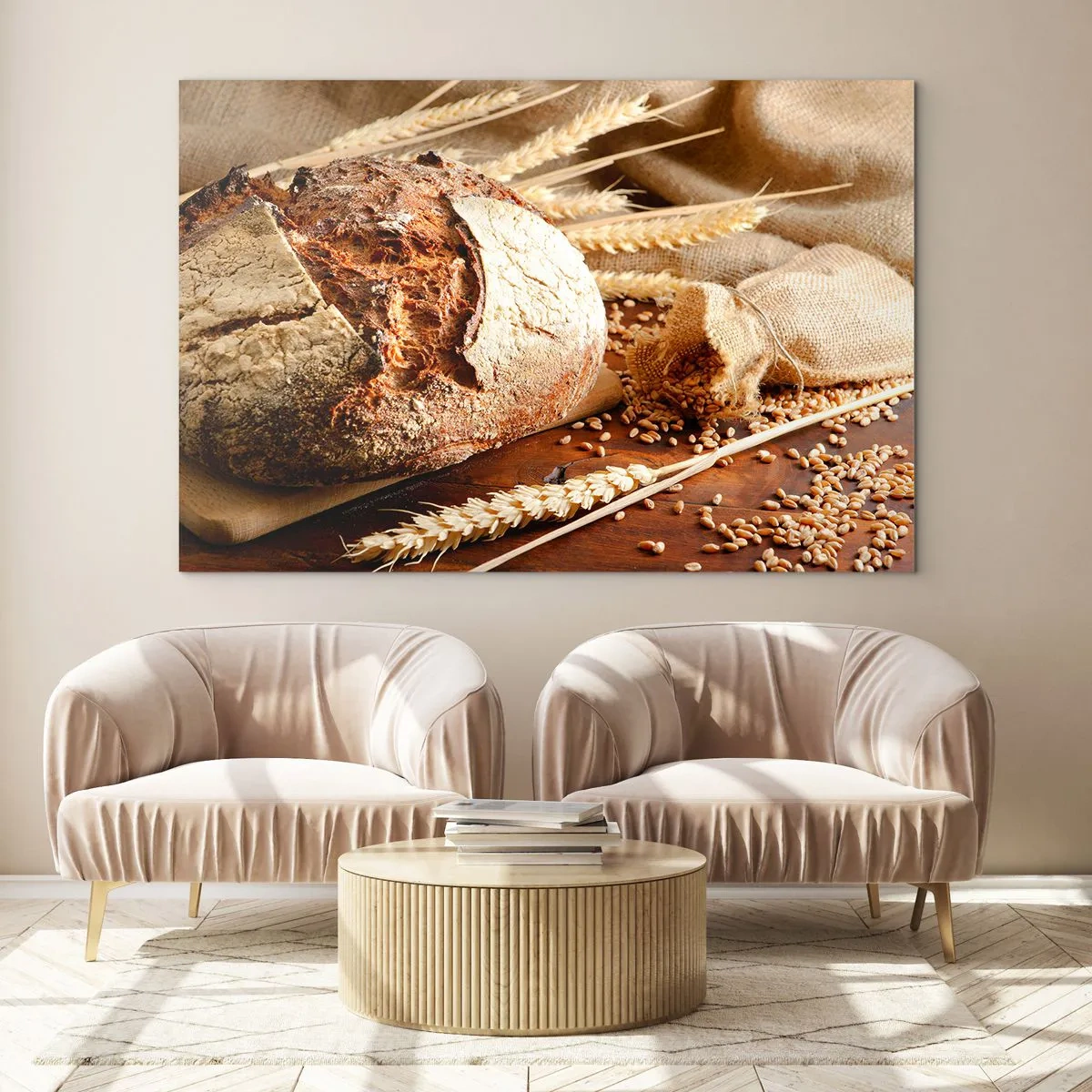 Cuadro sobre vidrio - Impresiones sobre Vidrio - Pan sobre una tabla con espigas de trigo y sacos de cereales - 70x50cm - Apetitoso, fragante, crujiente - Decoración de pared moderna para salón y dormitorio ARTTOR