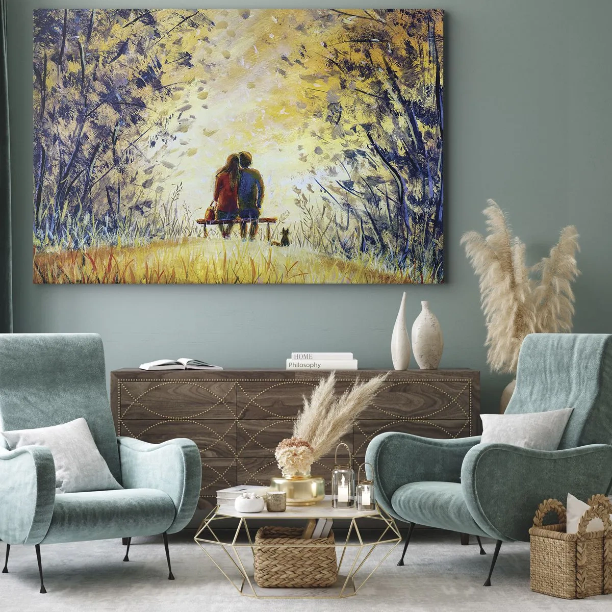 Cuadro sobre lienzo - Impresión de Imagen - Una pareja sentada en un banco entre árboles otoñales bajo la luz del sol. - 70x50cm - Un momento mágico - Decoración de pared moderna para salón y dormitorio ARTTOR