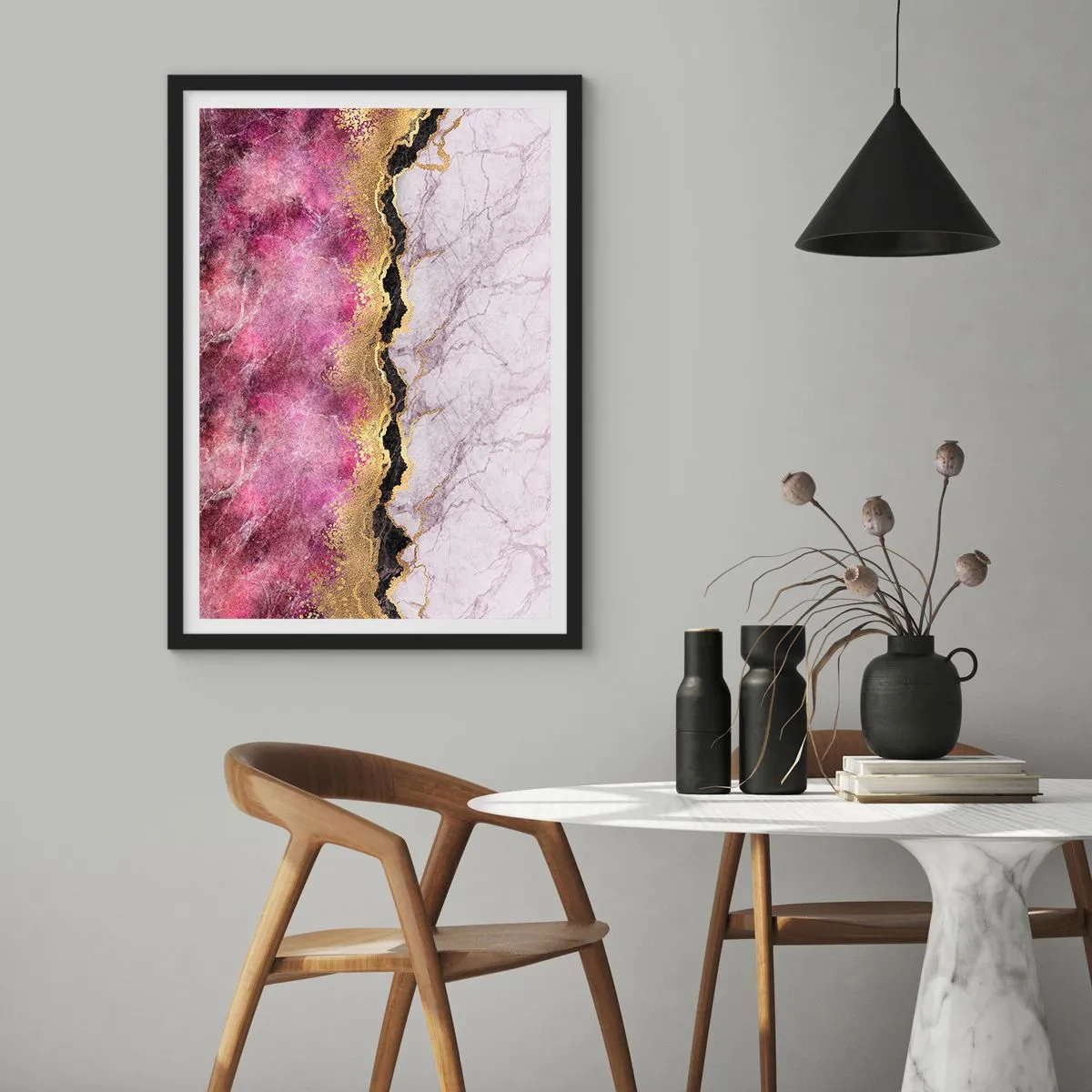 Póster en marco negro - Abstracción con patrón de mármol y acentos dorados. - 50x70cm - En la frontera - Decoración de pared moderna para salón y dormitorio ARTTOR