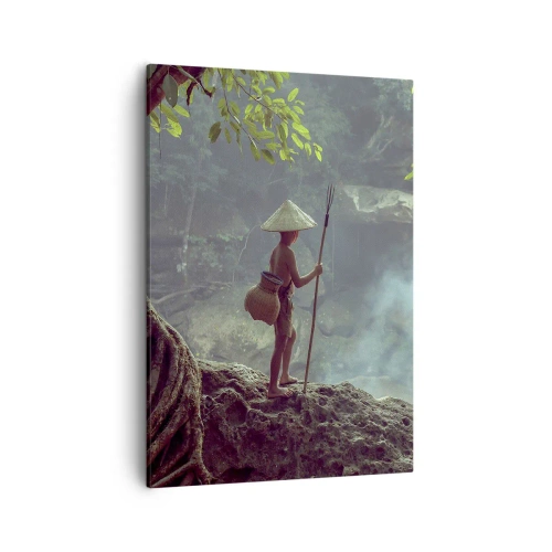 Cuadro sobre lienzo - Impresión de Imagen - Una figura con una lanza en una cascada en un bosque tropical. - 50x70cm - Amistad con la naturaleza - Decoración de pared moderna para salón y dormitorio ARTTOR