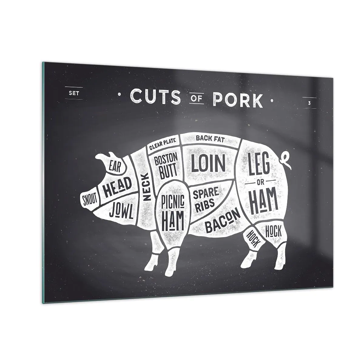 Cuadro sobre vidrio - Impresiones sobre Vidrio - Diagrama de cortes de cerdo en una pizarra - 100x70cm - Manual del carnicero - Decoración de pared moderna para salón y dormitorio ARTTOR