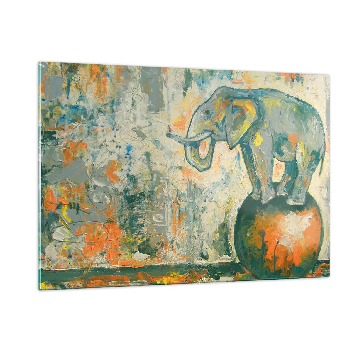 Cuadro sobre vidrio - Impresiones sobre Vidrio - Elefante abstracto en equilibrio sobre una pelota - 120x80cm - ¡Viva el circo! - Decoración de pared moderna para salón y dormitorio ARTTOR
