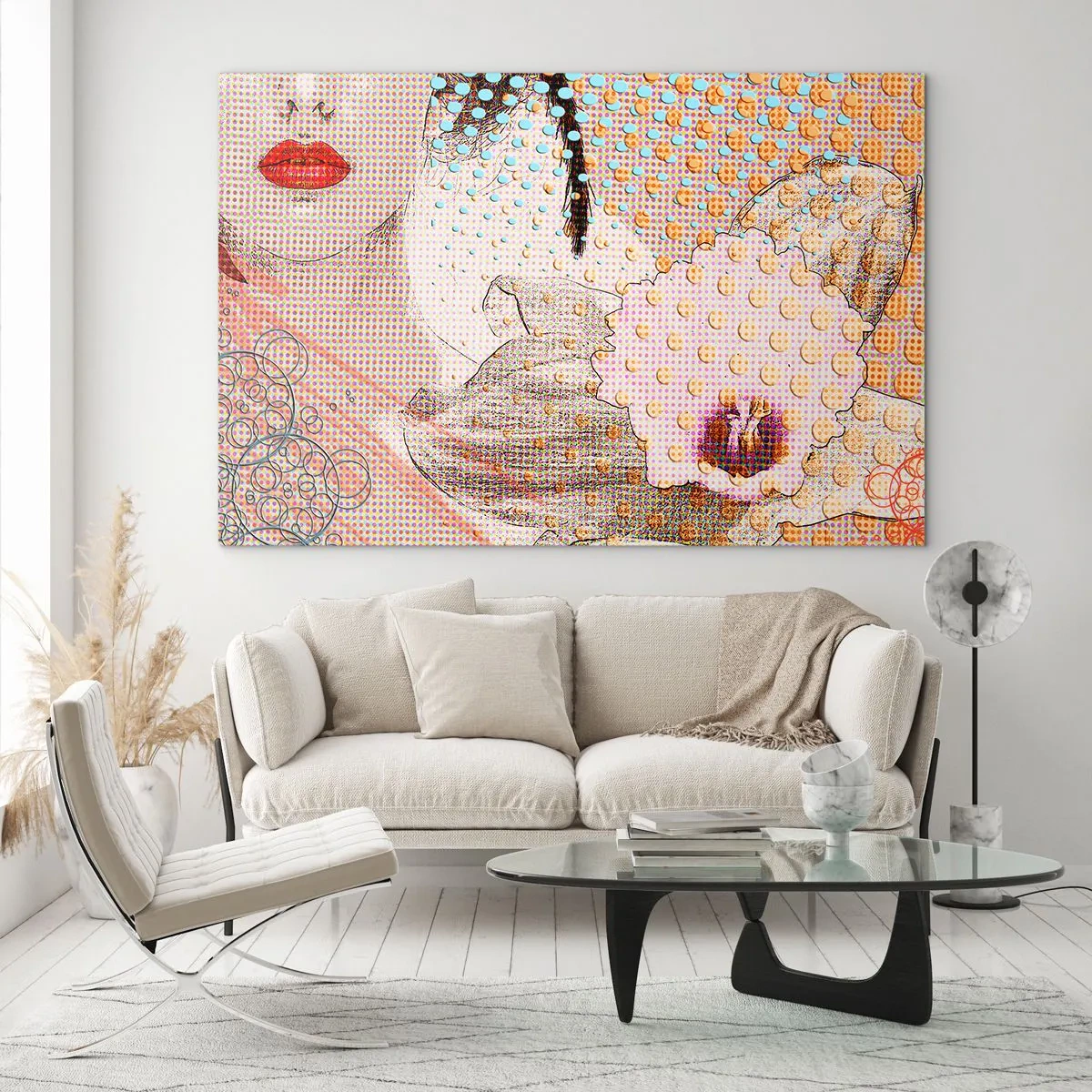 Cuadro sobre vidrio - Impresiones sobre Vidrio - Ilustración de un retrato de una mujer con una flor al fondo en estilo pop art. - 70x50cm - Heroína de cómic - Decoración de pared moderna para salón y dormitorio ARTTOR