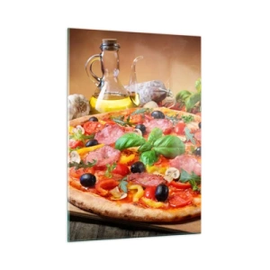 Cuadro sobre vidrio - Impresiones sobre Vidrio - Pizza con ingredientes sobre una mesa de madera con aceite de oliva y especias. - 50x70cm - Con un verdadero sabor italiano - Decoración de pared moderna para salón y dormitorio ARTTOR