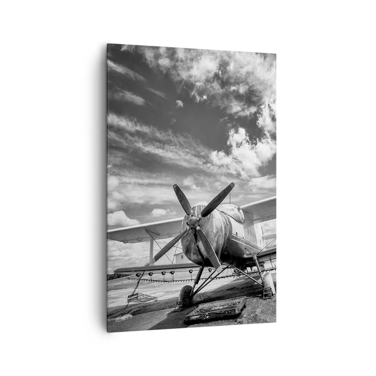 Cuadro sobre lienzo - Impresión de Imagen - Un avión antiguo en el aeropuerto en blanco y negro. - 80x120cm - No puedo esperar - Decoración de pared moderna para salón y dormitorio ARTTOR